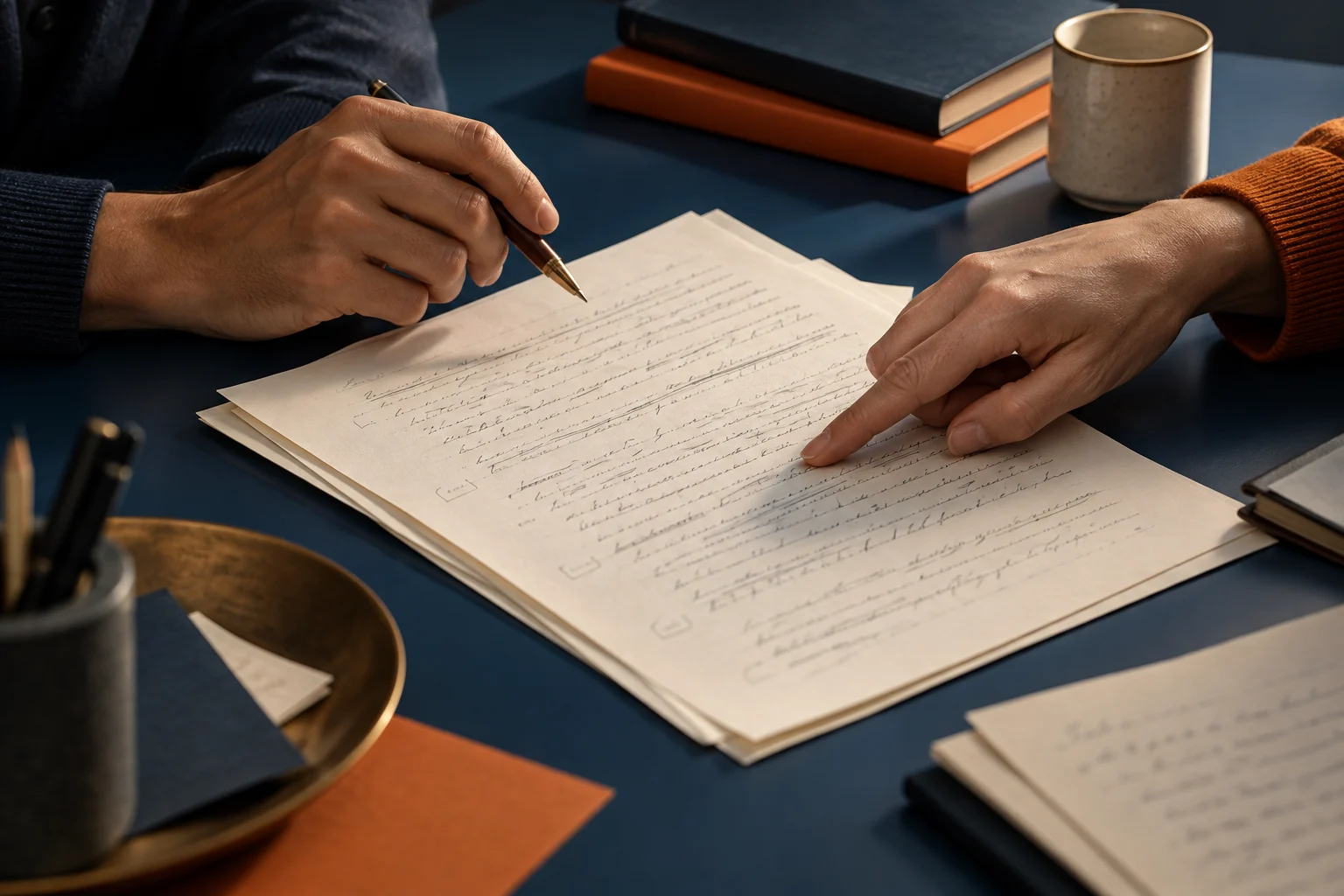 Manos de dos personas trabajando juntas sobre un manuscrito