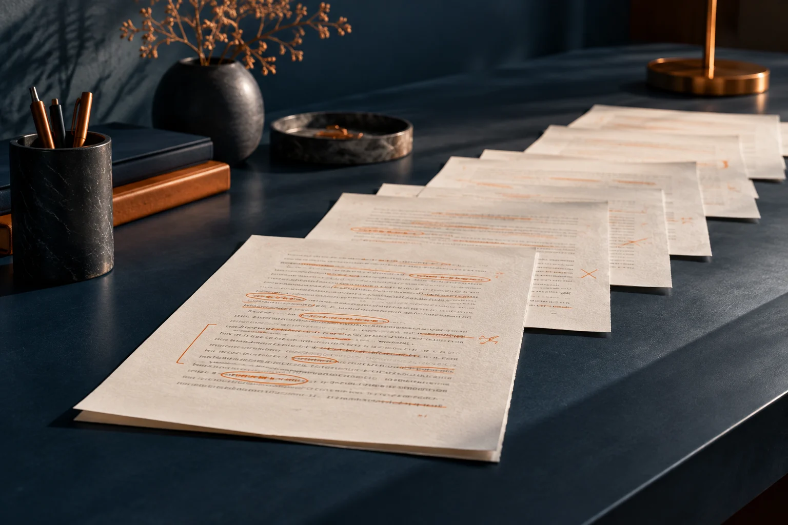 Páginas de un manuscrito ordenadas para una revisión de estructura