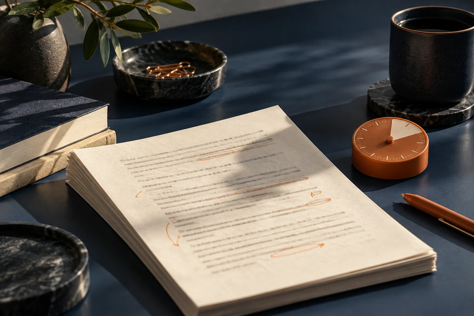 Una hoja de valoración editorial junto a un temporizador naranja