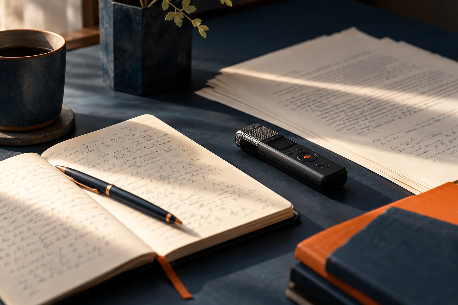Grabadora de voz junto a un cuaderno y un manuscrito