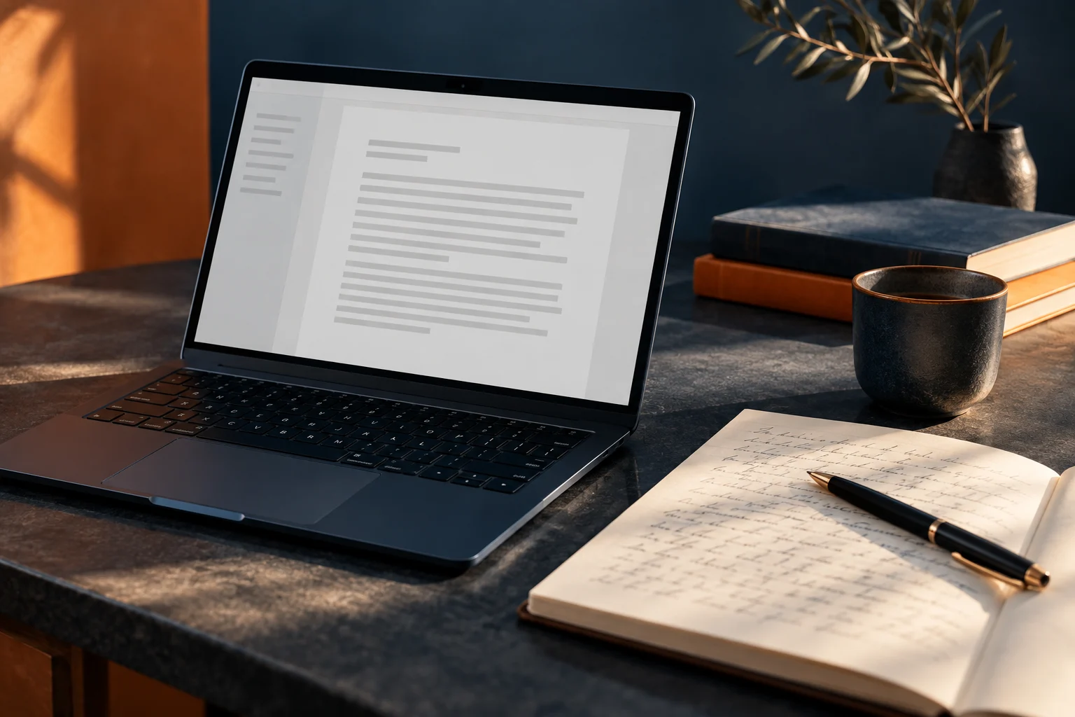 Ordenador y manuscrito sobre una mesa de trabajo de escritura