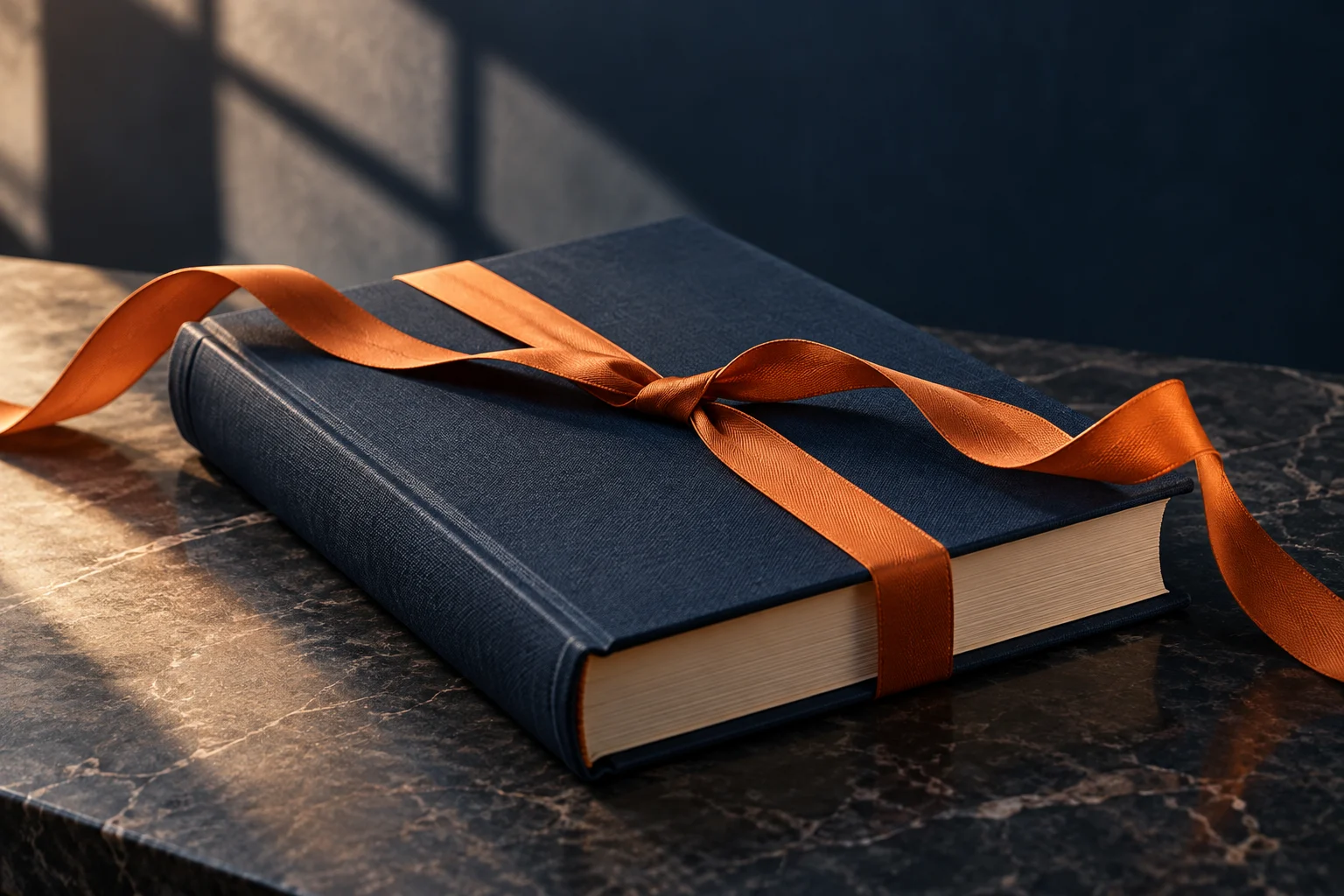 Libro recién encuadernado con una cinta naranja