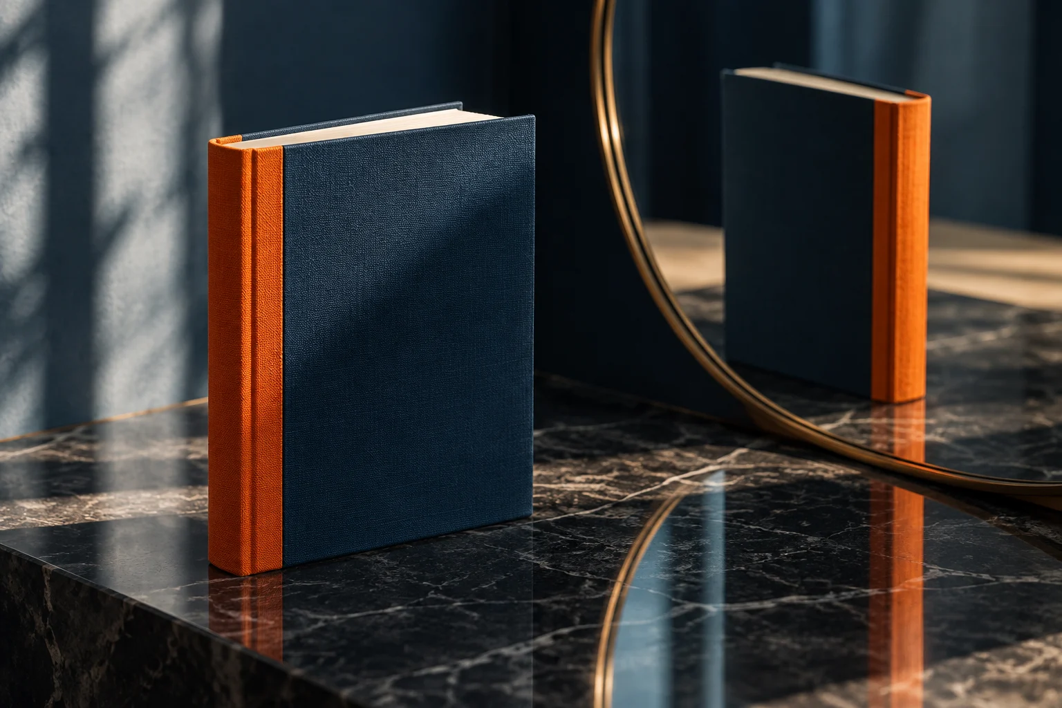 Un libro con un lomo naranja distintivo reflejado en un espejo