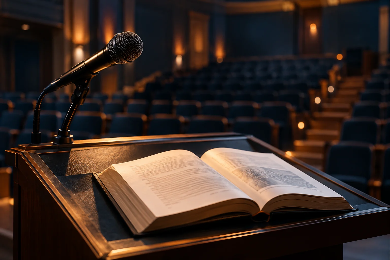 Micrófono y libro en un atril ante un auditorio vacío
