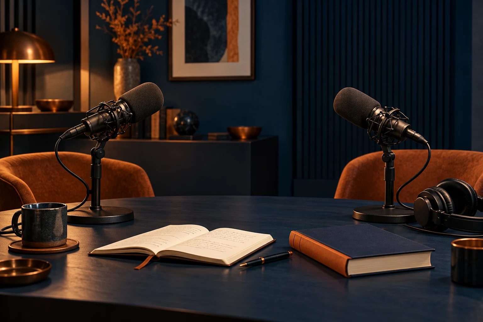Escena conceptual del podcast: dos micrófonos frente a frente, un libro y un cuaderno sobre una mesa azul