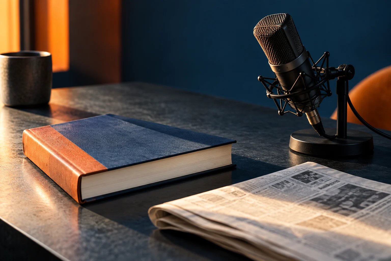 Libro junto a un micrófono de estudio y un periódico
