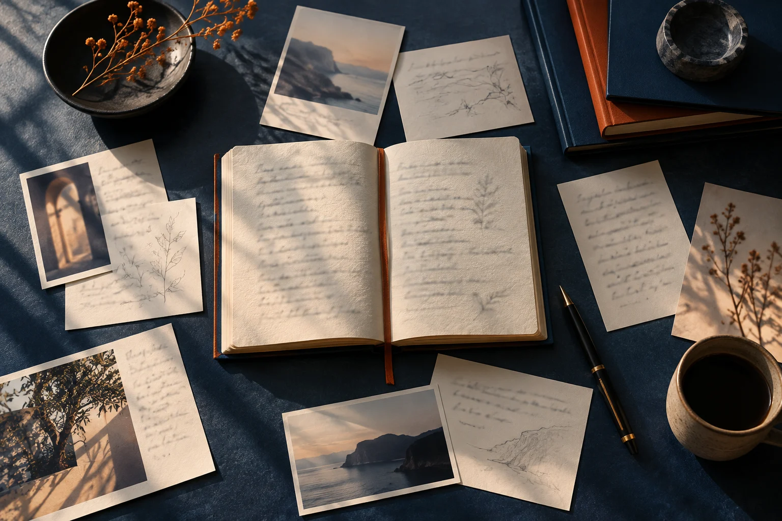 Tarjetas con ideas alrededor de un cuaderno de trabajo